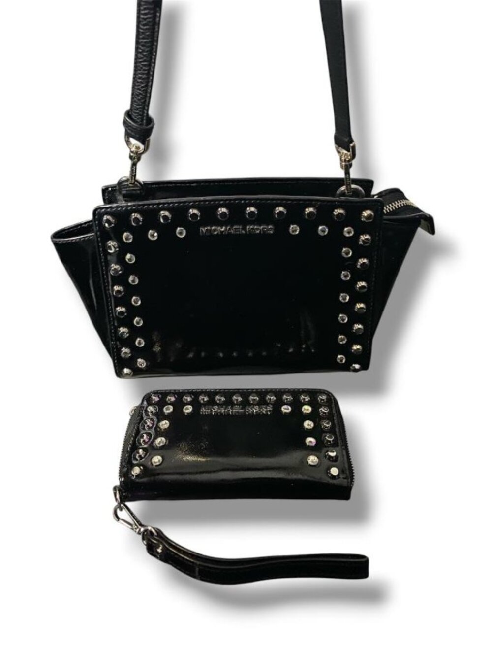 Michael Kors Black Studded Patent Leather Shoulder Bag with Wristlet
